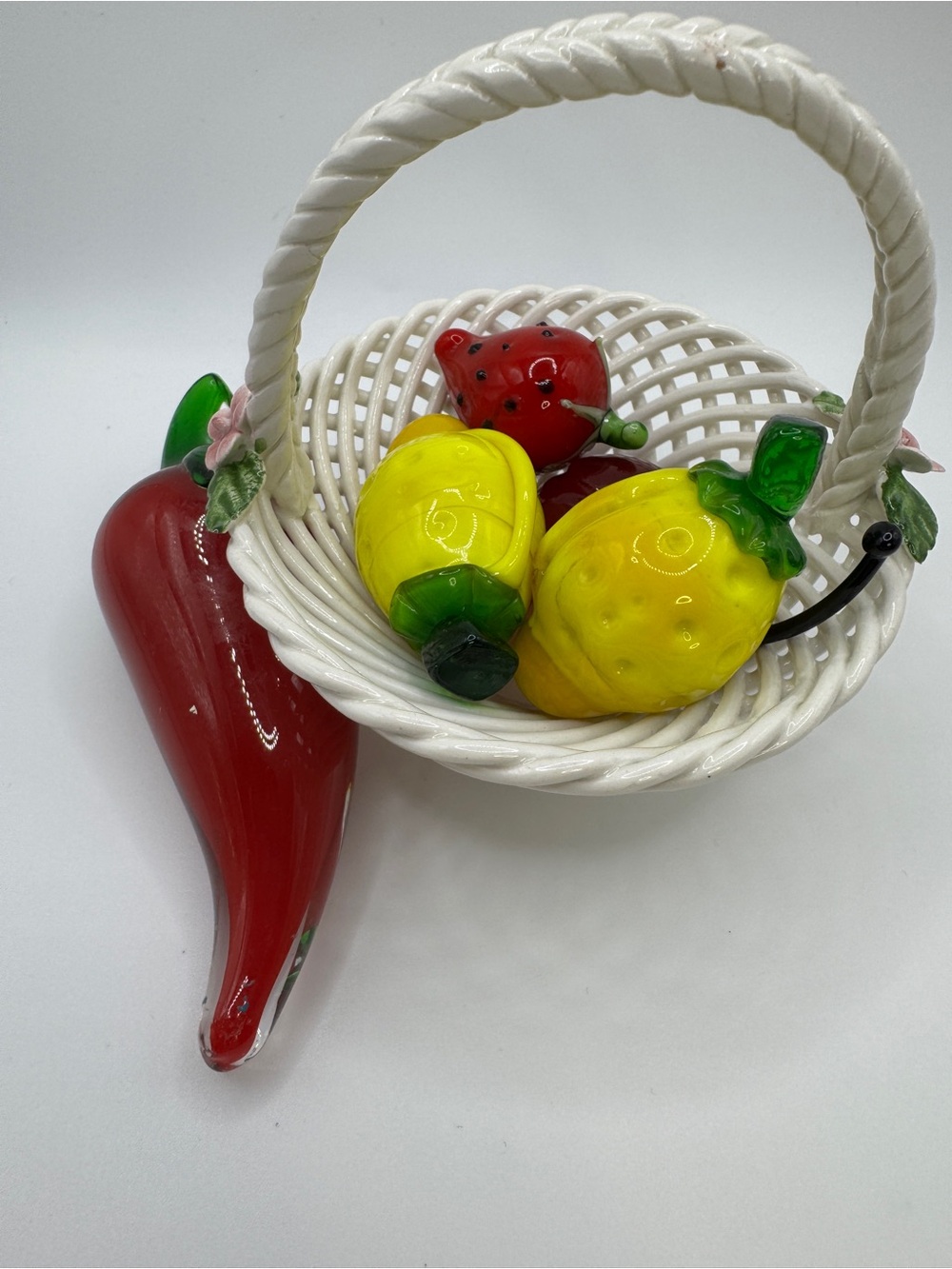 Vintage Hand Blown Murano Style Art Glass Fruit Spain Ceramic Basket Set